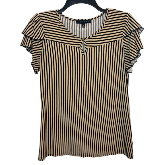 Atelier 29 Black and Tan Striped Ruffle Sleeve Blouse Size Small - Picture 1 of 6